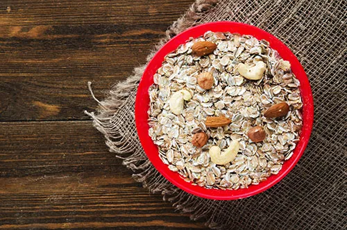 image of a bowl of cereal which has no sugar and has nuts