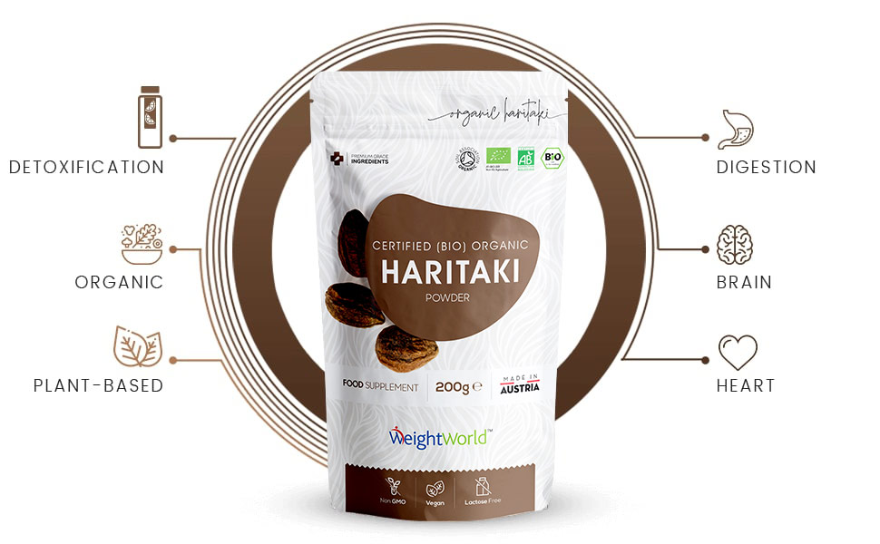 Front view of weightworlds bio haritaki powder packet