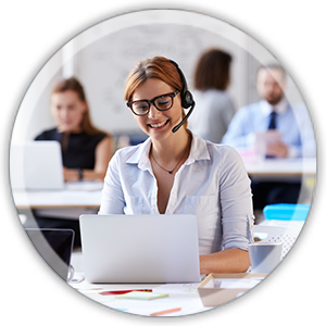 circle img 3 office woman at a desk working weaaring a headset smiling