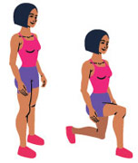 cartoon woman standing straight then in lunge position