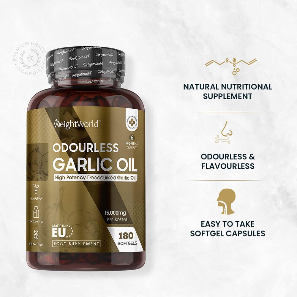 Odourless Garlic Oil Softgels - Natural Wellness Supplement - WeightWorld - 180 Softgels 