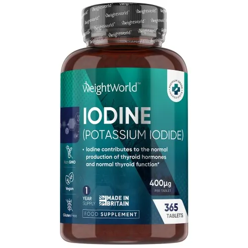 Iodine, 400mcg, 365 tablets - 1 year supply - Vegan Potassium Iodide Tablets by WeightWorld