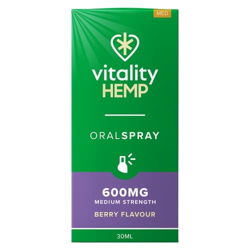 front view of vitality hemp 600 mg berry spray box