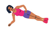 Cartoon women performing a side plank leg raise with hand on hip