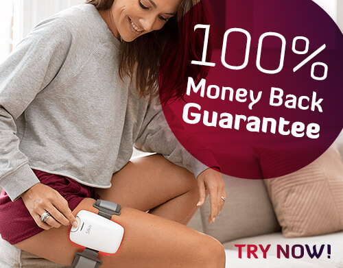 image of a woman wearing silk'n product on leg with money back sticker image of a woman wearing silk'n product on leg with money back sticker