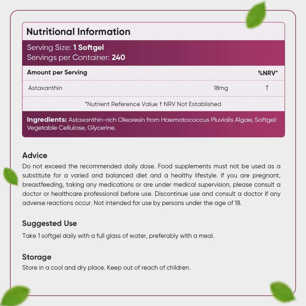 Nutritional information of our astaxanthin supplement