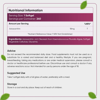 Nutritional information of our astaxanthin supplement