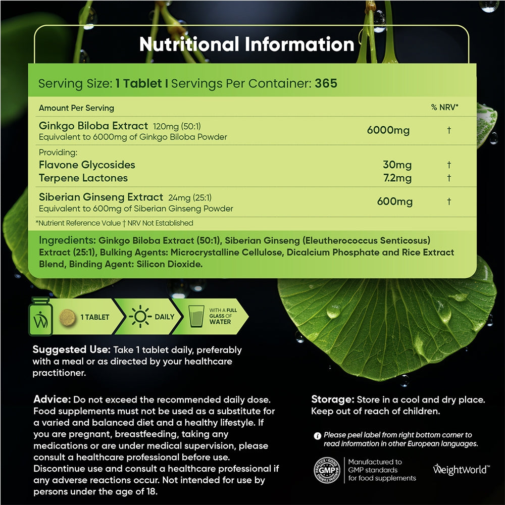 Nutritional information of our ginkgo biloba UK tablets