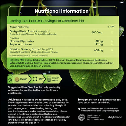 Nutritional information of our ginkgo biloba UK tablets