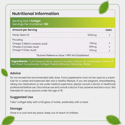 Nutritional information of our hemp seed oil softgels