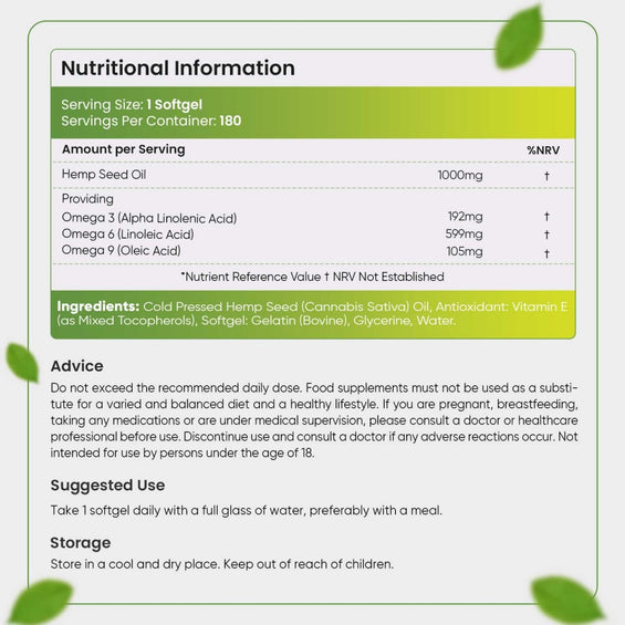Nutritional information of our hemp seed oil softgels
