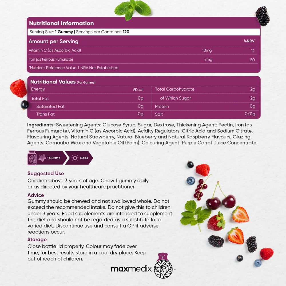 Nutritional information of our Iron Gummies for Kids with Vitamin C