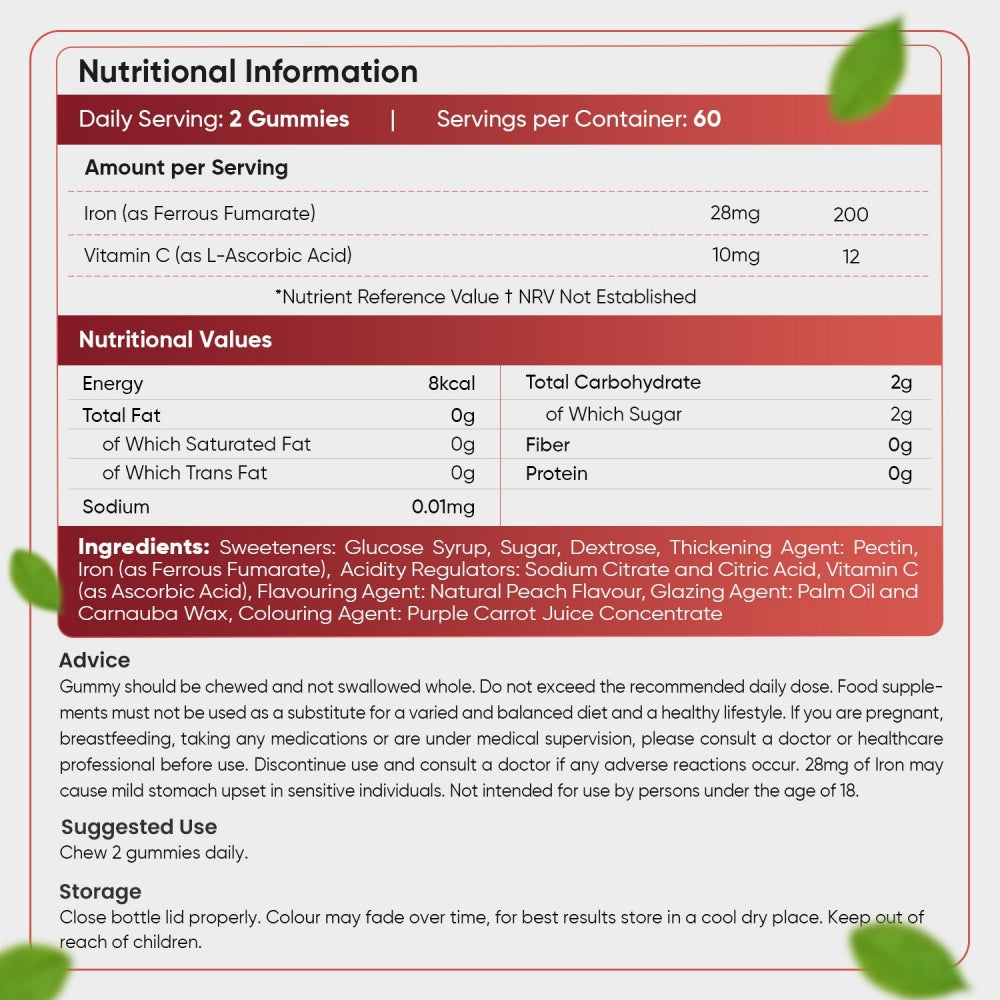 Nutritional information of our gummies with iron for adults