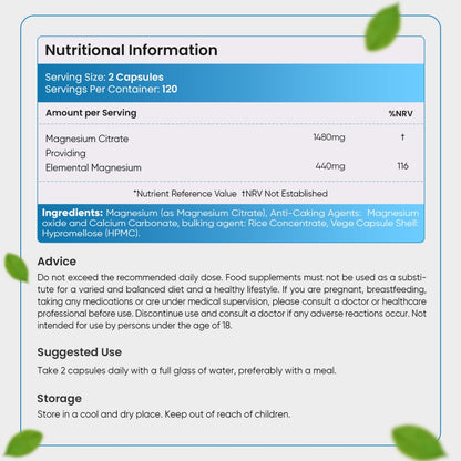 Nutritional information of our magnesium citrate capsules