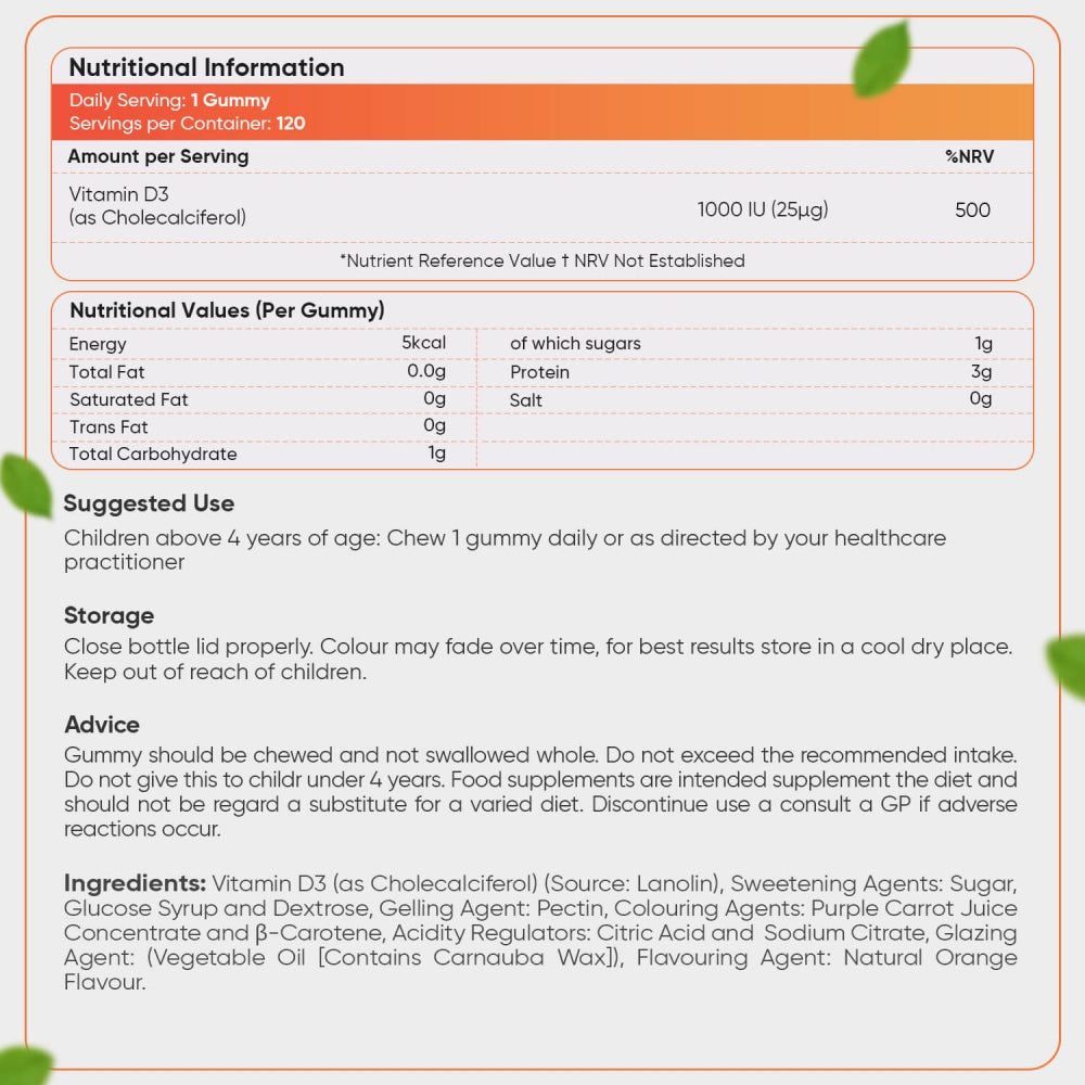 Nutritional information of our Vitamin D3 Gummies for Kids