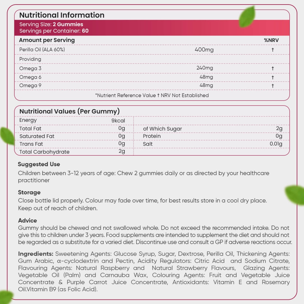 Nutritional information of Vegan Omega 3-6-9 Gummies