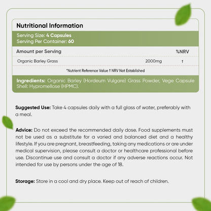 Nutritional information of our organic barley grass capsules