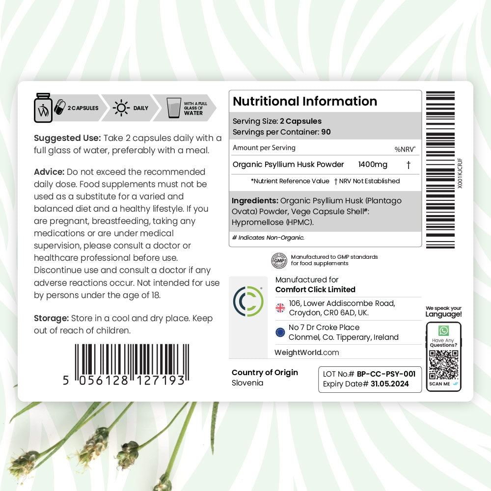 Nutritional information of Psyllium Husk Capsules