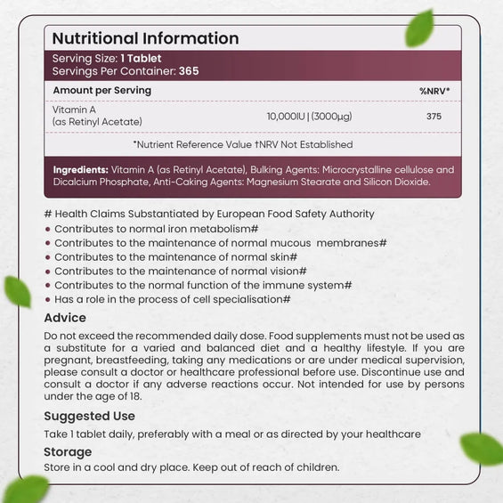 Nutritional information of our Vitamin A tablets
