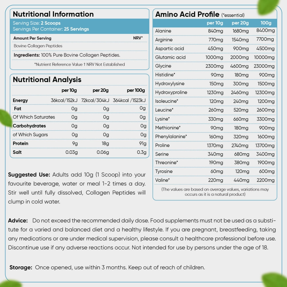 Nutritional information of our Hydrolysed Collagen Peptides Powder