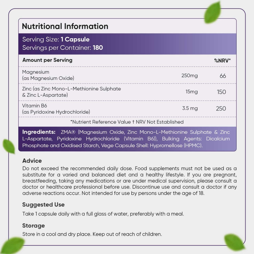 Nutritional information of our ZMA Capsules
