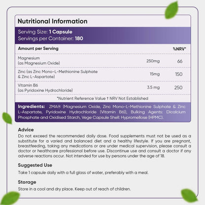 Nutritional information of our ZMA Capsules